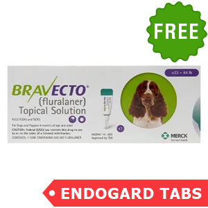 Bravecto Topical For Medium Dogs (22 - 44 Lbs) Green 3 Doses + 6 Free Endogard Tabs(large)