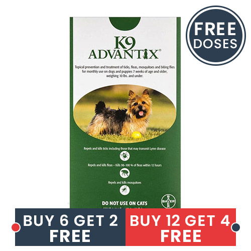K9 Advantix Small Dogs/Pups 1-10 Lbs Green 6 + 2 Doses Free