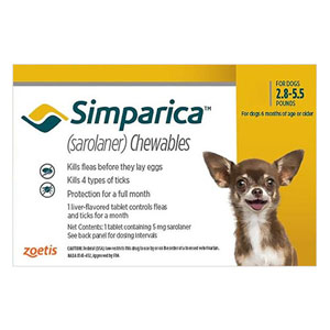 Simparica Oral Flea & Tick Preventive For Dogs 2.8-5.5 Lbs Yellow 3 Pack